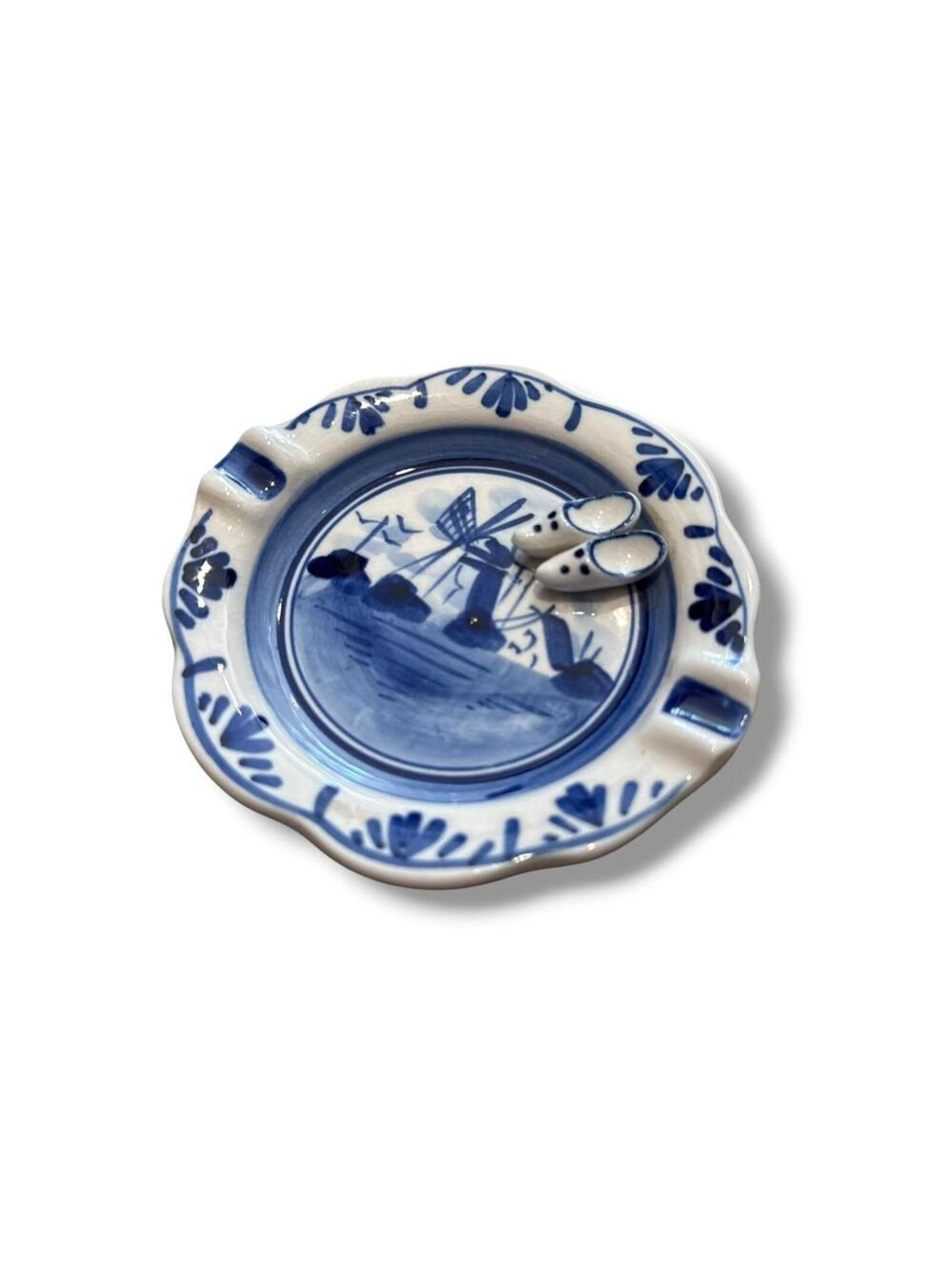 Blue and White Vintage Hand Painted Scene Ashtray